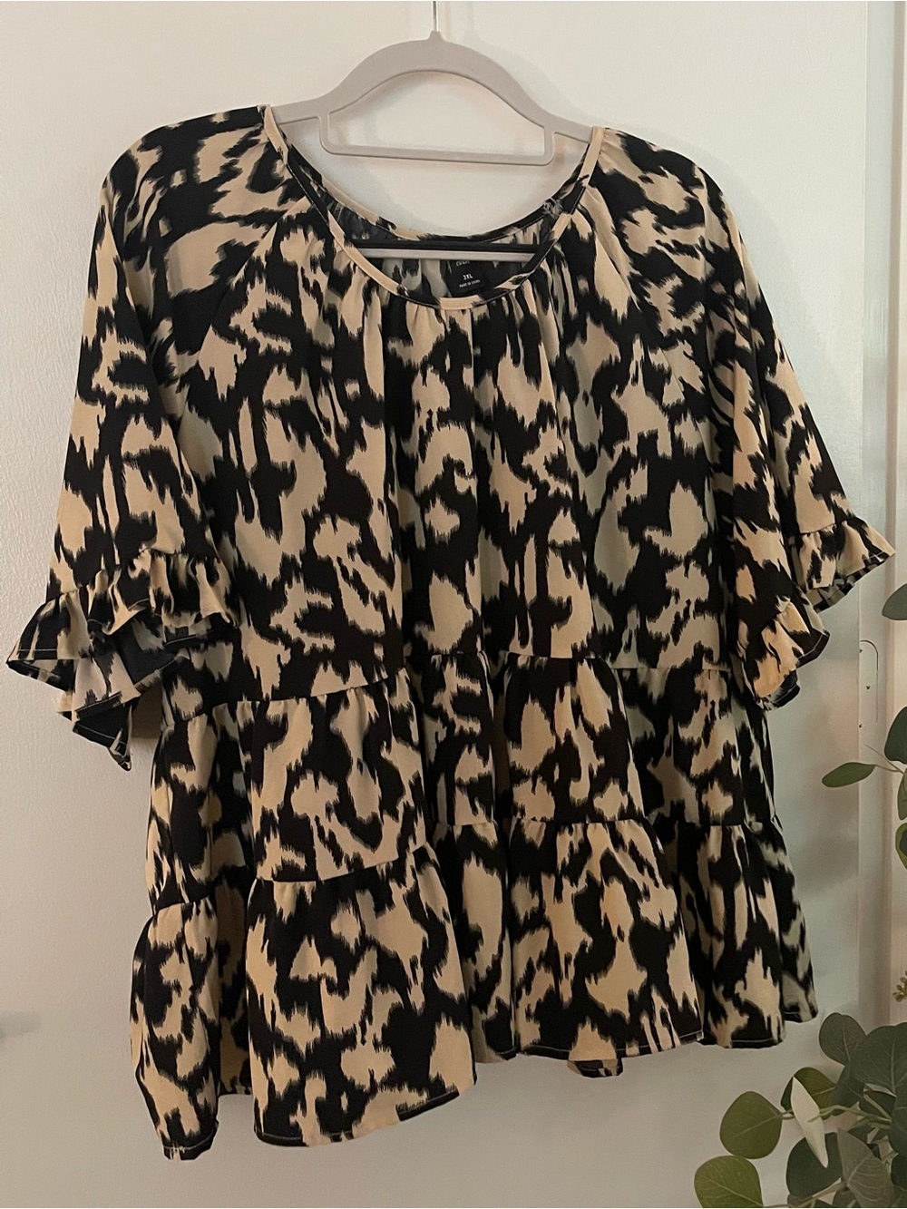 SHEIN Black and Cream Animal Print Ruffle Tiered Blouse